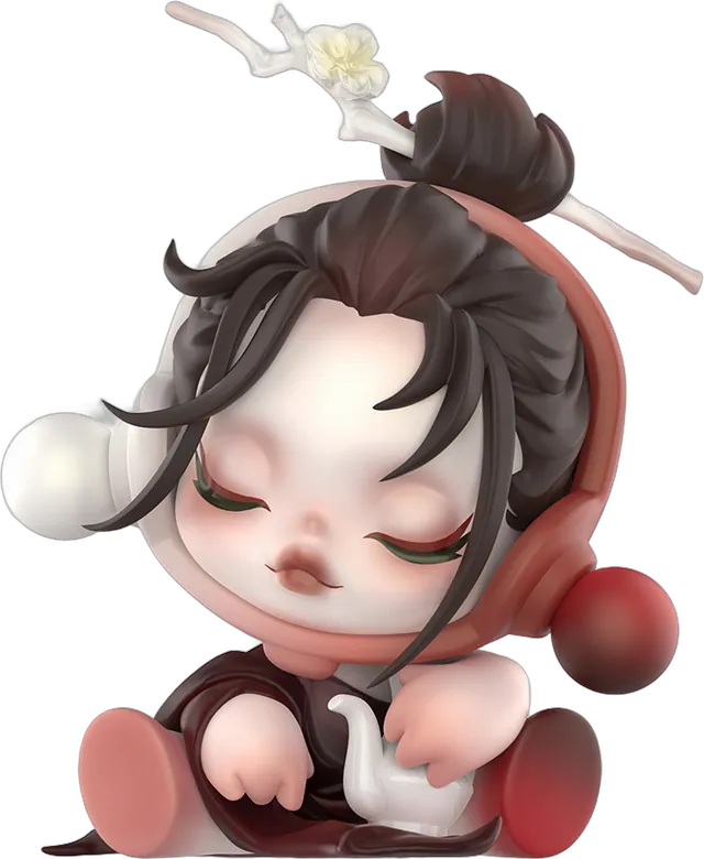 Skullpanda The Scene figure with a teapot, dark hair held by a hairpin — official Pop Mart render