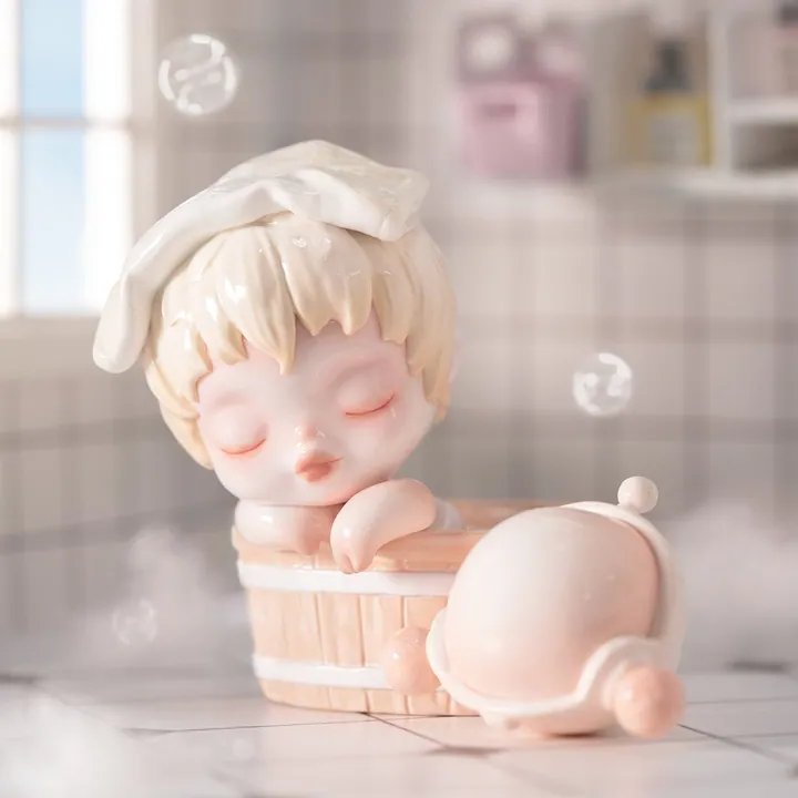 Skullpanda Loosening figure beside a wooden tub — official Pop Mart scene for the Warmth series